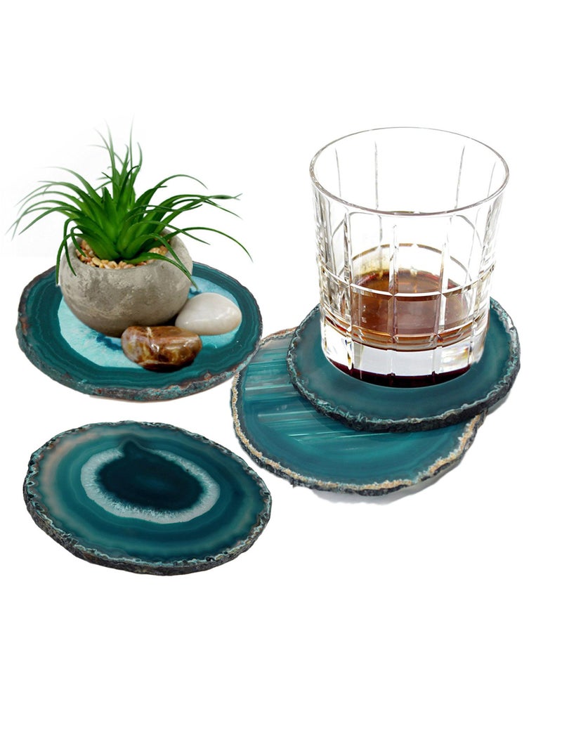 AMOYSTONE Teal Agate Coasters Set of 4, 3-3.5 Inch Handcrafted Slices, Lightweight Stone Coasters, for Teen Girl, College Dorm Room Decor - Image 3
